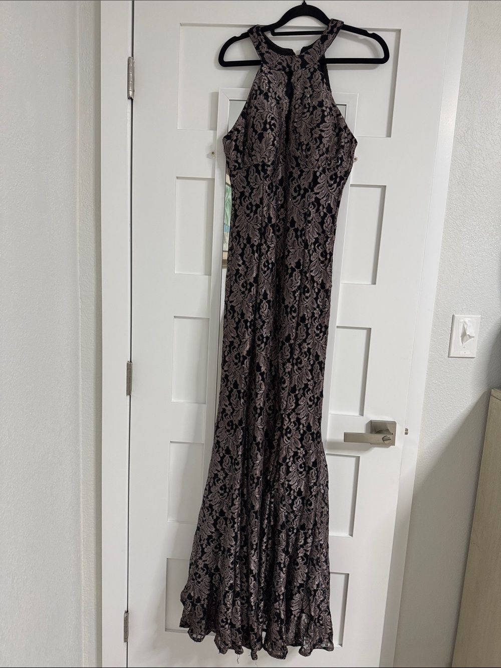 Night Way Collections Black Lace Maxi Dress with Nude Lining